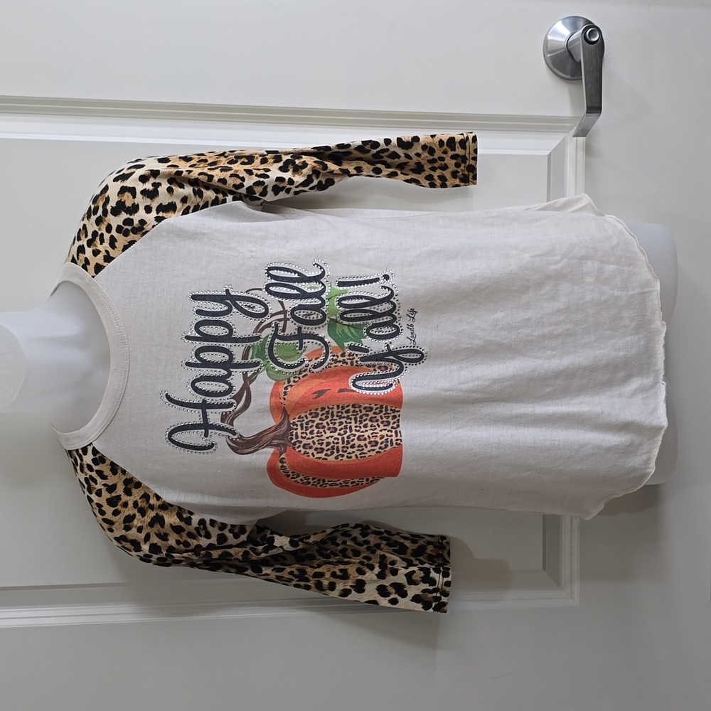 Fall themed Leopard Print Long Sleeve Shirt Happy Fall‎ Yall